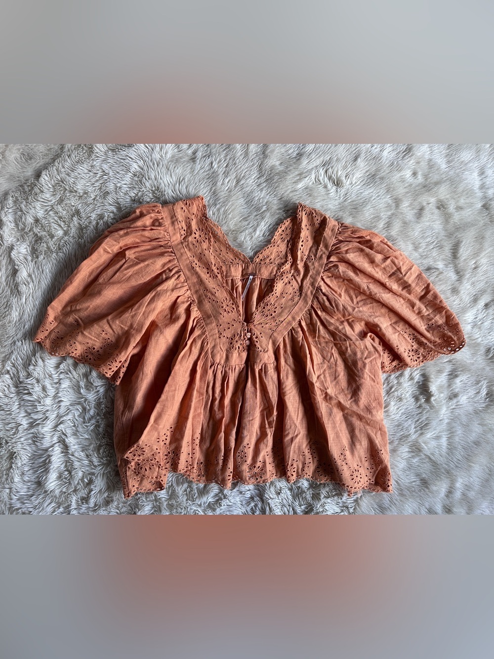 Free People Eyelet Cotton Peasant Top in Orange, size M